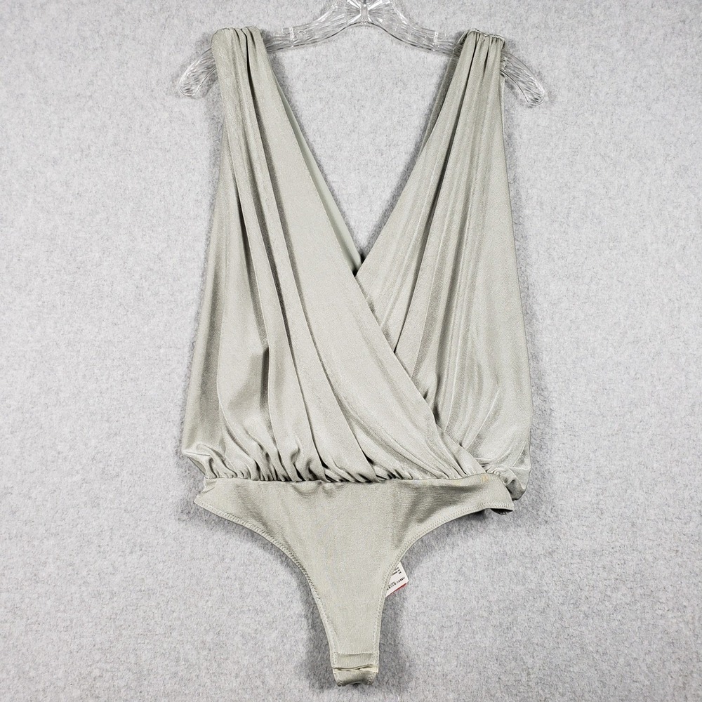 Free People Womens Bodysuit L Silver Metallic Plunging V-Neck NWT Disco Core Top